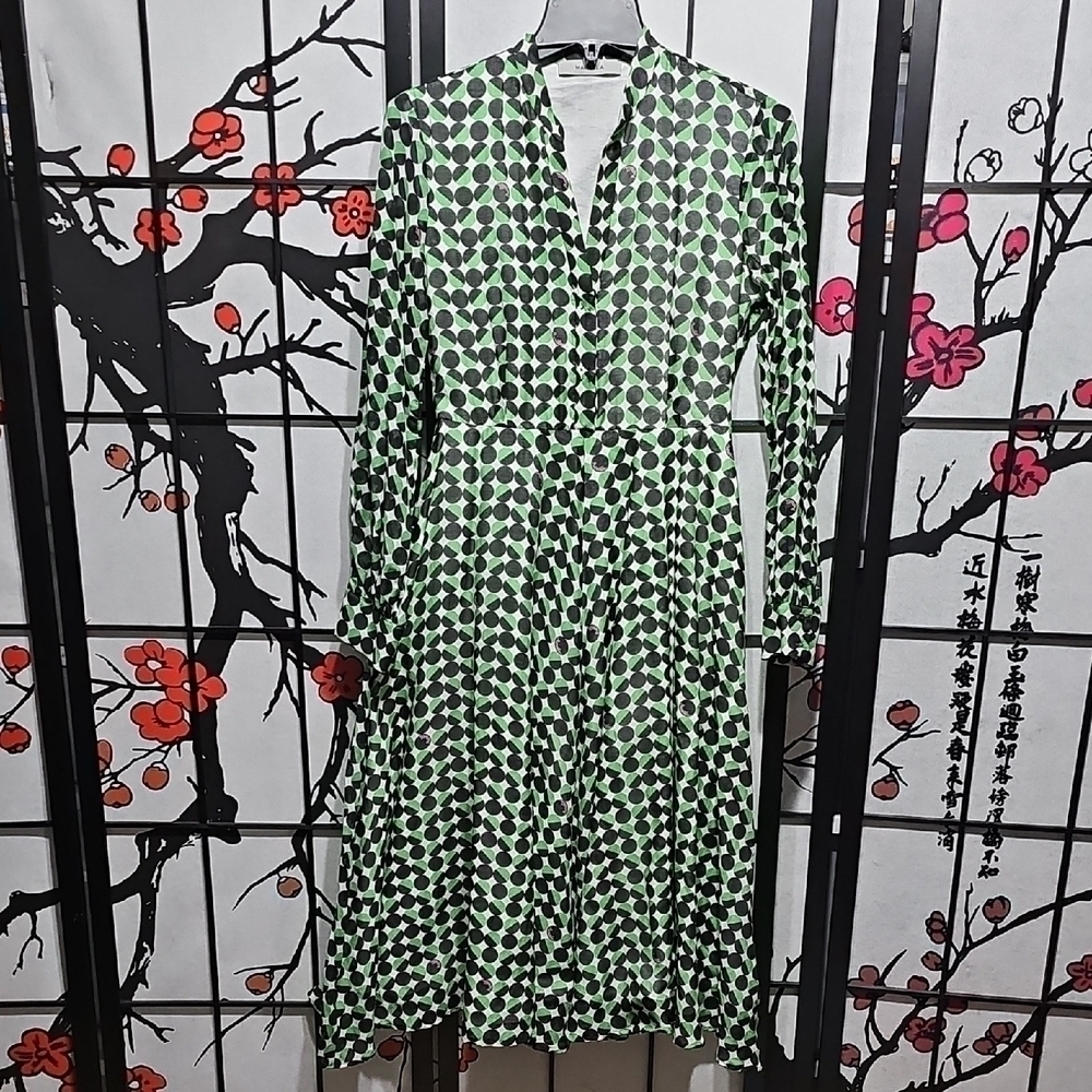 Marella Green Polka Dot Long Sleeve Lined Dress Size 2 - Picture 2 of 12